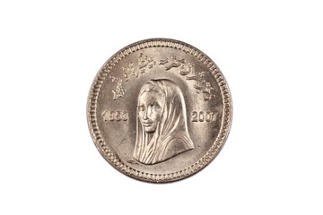 A super macro image of a 10 Pakistani rupee coin isolated on a white background