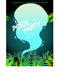poster of party at the pool with tropical leaves on a dark background and splashing water, pool party