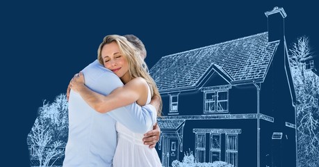Couple hugging in front of house drawing sketch