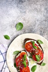 Rye toasts with soft cheese, tomato, red onion and capers.Top view with copy space.