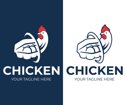 Chicken and eggs in a paper box on a white and blue background, logo design. Agriculture, farming,  food, bird and pet, vector design. Nature and animal, illustration