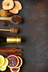 Ingredients for making mulled wine .Top view with space for text.