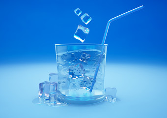 A glass of water, falling ice and straw. 3D illustrator, 3D rendering.