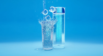 Beaker with ice water and the falling bottle. Blue background. 3D illustrator, 3D rendering.