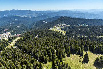 Amazing landscape of Rhodope Mountains from Snezhanka tower near ski resort Pamporovo, Smolyan Region, Bulgaria
