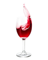 Red wine splash out of glass. Isolated on white background.