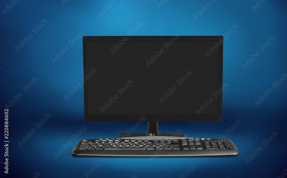 Poster desktop computer and keyboard on background