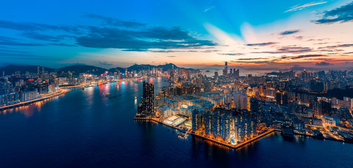 Hong Kong Cityscape from aerial view in sunset