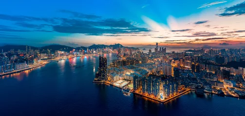 Fototapeten Hong Kong Cityscape from aerial view in sunset © YiuCheung