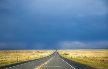 A highway disapperaing into the distance between flat fields of pasture under a cloudy sky in a summertime Montana landscape