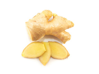 Fresh ginger slice isolated on white background, herb medical concept.