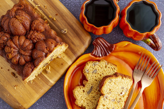 Homemade pumpkin bread made in decorative pan