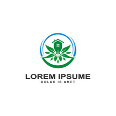 Natural house, tree home on the swoosh circle, real estate logo template vector illustration