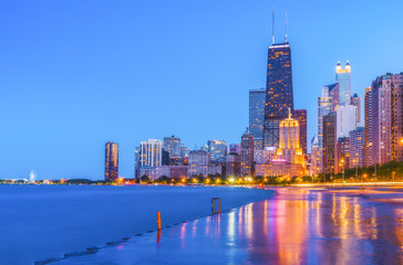 chicago,usa,2017-08-12 : beautiful Chicago skyline at twilight with reflection concrete beach.