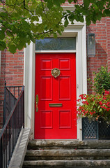 bright red front door of house