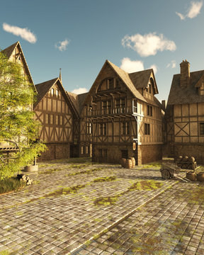 Mediaeval Street on a Bright Sunny Day - fantasy illustration