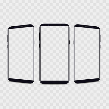 Realistic smartphone from different views with transparent background. Vector.