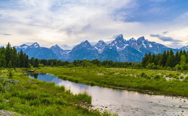 Fototapeta na wymiar grand teton national park on the day with reflection in river.