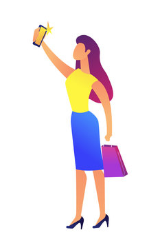 Business woman with shopping bag taking selfie with smartphone vector illustration