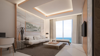 Interior design of living room in penthouses with sea view , 3d rendering