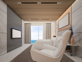 Master bedroom in Hotel with sea view , Luxury style decor by marble and copper , 3d rendering