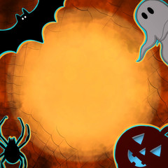 Halloween ghost bat pumpkin and spider are friends under the moonlight, Hand drawn Halloween concept with copy space.