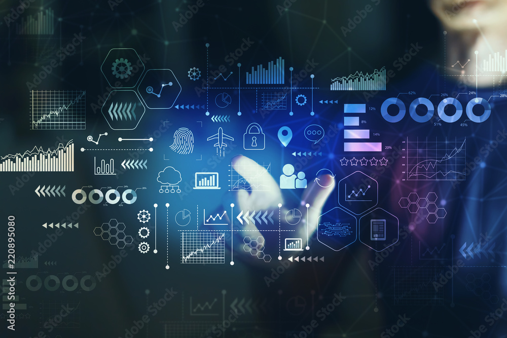 Poster virtual icons and graphs with young man pointing on a dark background