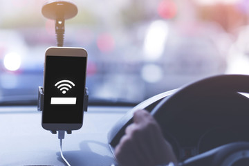 Free wi-fi on public taxi car in city. Public telecommunication and technology concept.