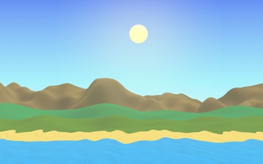 Sun Sea Beach. Noon. Ocean shore line with waves on a beach. Island beach paradise with waves. Vacation, summer, relaxation. Seascape, seashore. Minimalist landscape, primitivism. 3D illustration