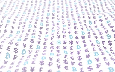 Bitcoin and currency on a white background. Digital Cryptocurrency symbol. Wave effect, currency market fluctuations. Business concept. 3D illustration