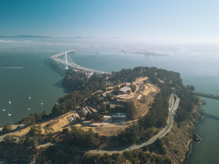 Aerial Drone Top Down Cityscape Bay Bridge Sky Afternoon