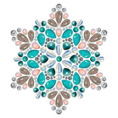Creative layout of jewelry. The mandala is made of different gemstones on white background