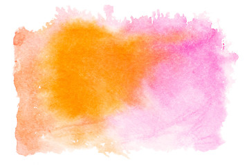 Pink orange watercolor splash isolated on white background. Hand drawn painting.