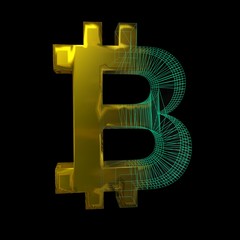 Bitcoin sign, gold turns into a green grid on a black background. 3D illustration