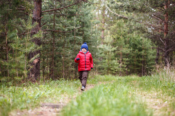 Obraz premium cheerful five-year-old boy in a warm cap and down jacket running through the woods