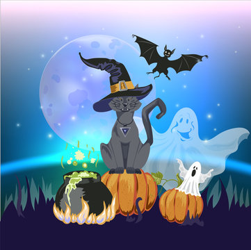 Cartoon cute cat character in a witch s hat with a skull capkake and a Halloween witch s boiler.Ghosts, bat and moon.