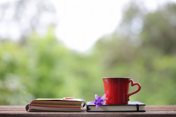 Red mug and notebooks with flower