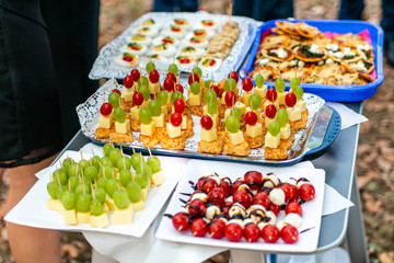 buffet Assortment of canapes. Banquet service. catering food, snacks with mixed fingerfood...