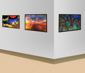 Three paintings with an abstract image are hanging on the wall in an art gallery