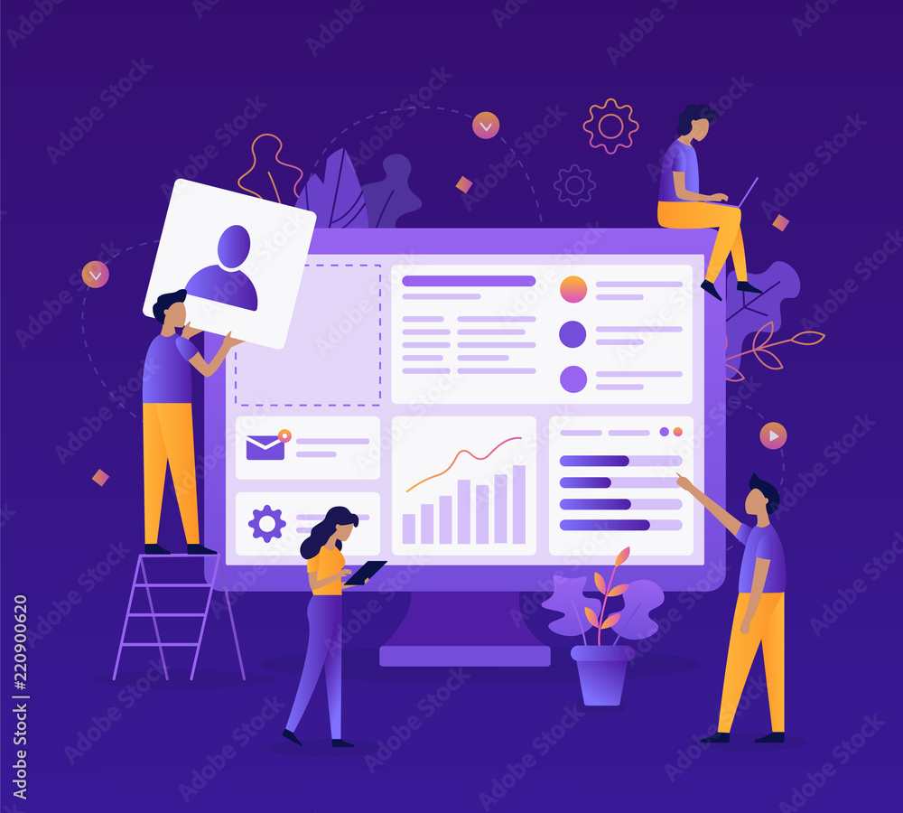 Fototapete The team of web developers constructs a personal user account or admin panel for the website. Modern vector illustration concept. Flat vector illustration.