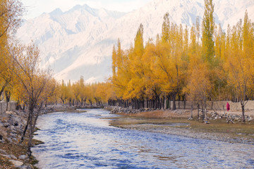 Autumn view with mountains and river flow through the village in Skardu, Gilgit-Baltistan, Pakistan.