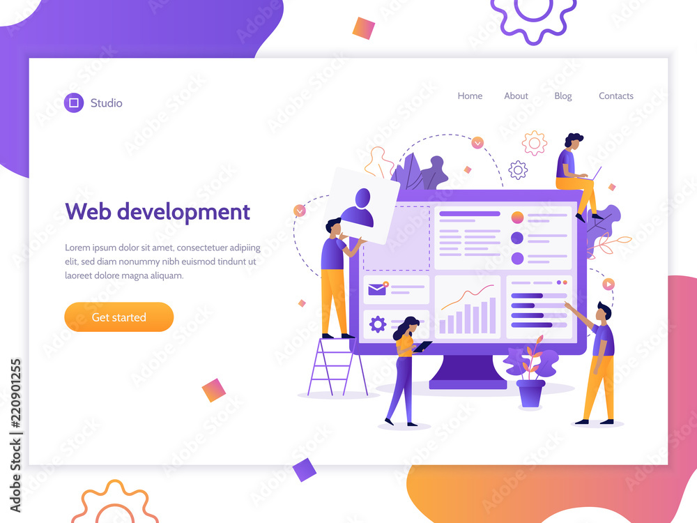 Fototapete Modern vector illustration concept. The team of web developers constructs a personal user account or admin panel for the website. Website development. Flat vector banner.