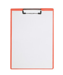 Red plastic clipboard with blank paper sheet isolated on white