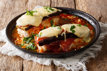 Sorrentino chicken breast with aubergines, ham, cheese and marinara sauce close-up on a plate. horizontal