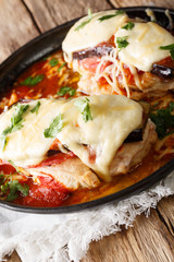Italian chicken fillet of Sorrentino with eggplant, ham, cheese and marinara sauce close-up on a plate. vertical