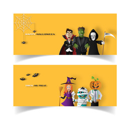 Paper art style of Halloween website header design for banner, poster or background