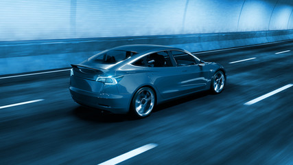 Modern Electric car rides through tunnel with cold blue light style 3d rendering