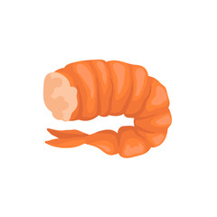 Boiled shrimp without head in bright red shell. Fresh and tasty prawn. Seafood theme. Flat vector icon