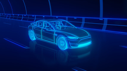 Blue glowing Modern Electric car rides through Blue tunnel 3d rendering