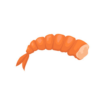 Small boiled shrimp without head. Prawn with bright red shell. Flat vector for product packaging or advertising poster